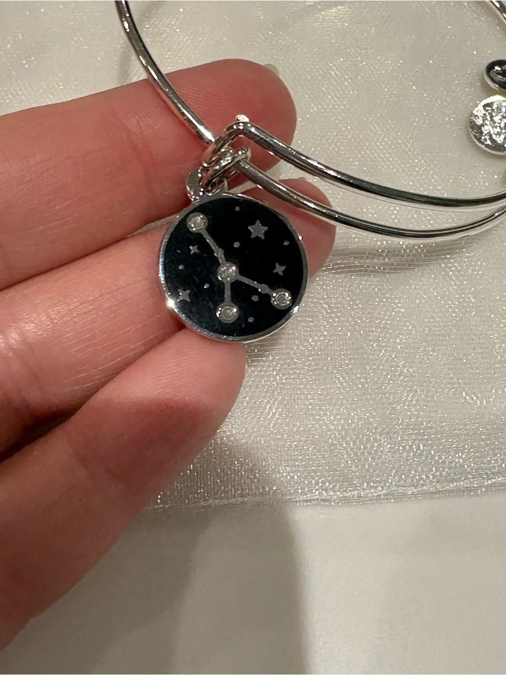 NWOT Alex and Ani Color Infusion Cancer Zodiac Charm Bangle, Shiny Silver Finish